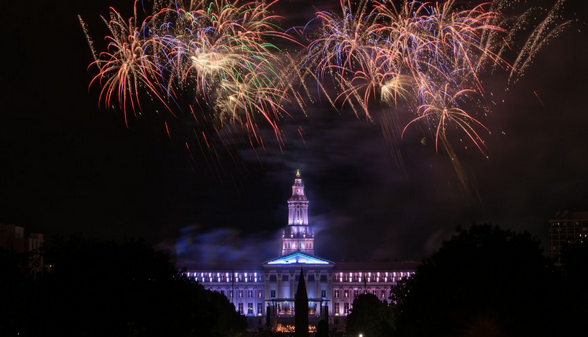fireworks above Denver City County Building